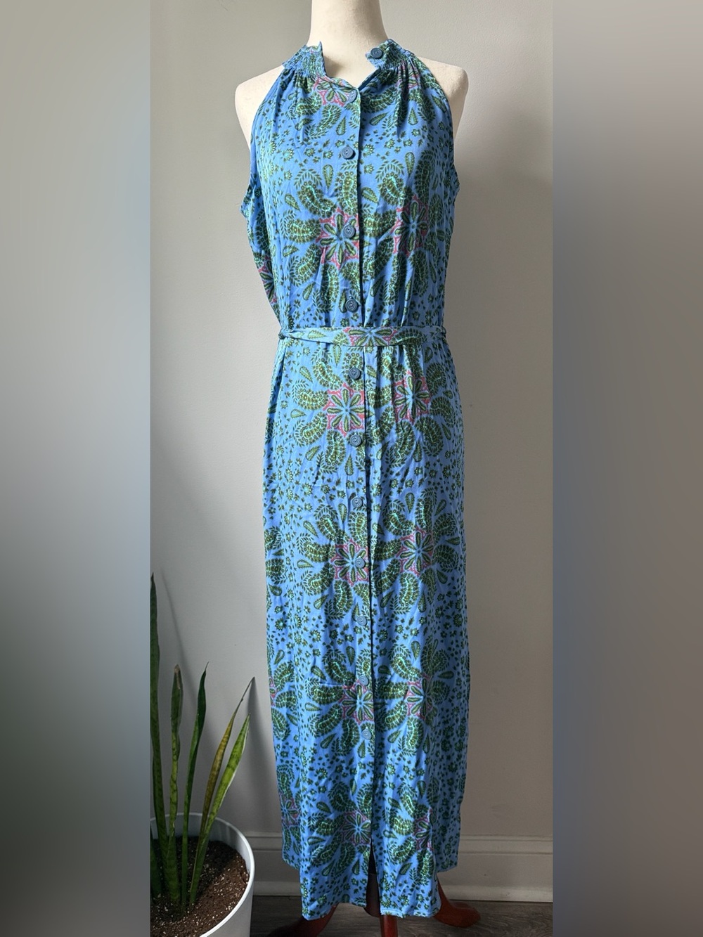 Tucker NYC Blue Button Front Midi Dress Green & Pink Floral Print Silk Summer